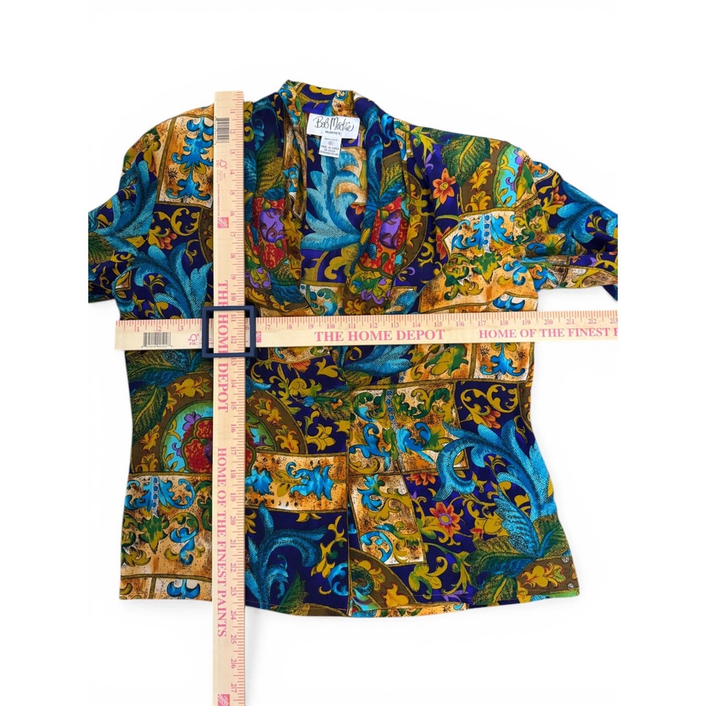 Vintage Bob Mackie Silk‎ Blouse Womens 6 Blue Baroque Floral Shawl Collar Top - Picture 10 of 11